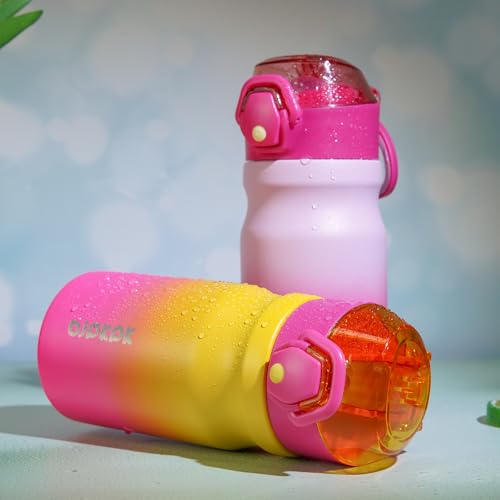 Image of BJPKPK 14 oz Insulated Water Bottle, Straw, Handle, Stainless Steel Flask | Leak Proof Locking Lid, Double Wall Vacuum, Keeps Hot /Cold, BPA Free, Dishwasher Safe, Travel & Sports, Rainbow