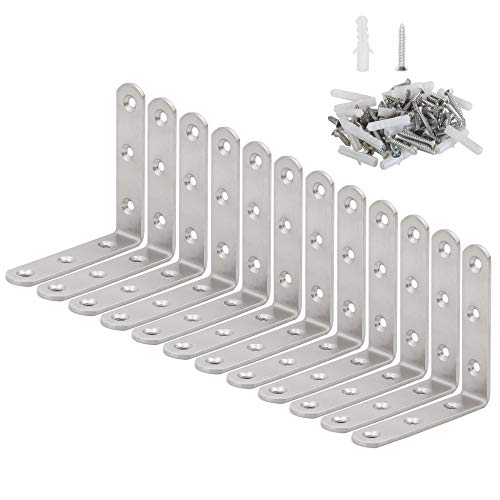WEBI L Brackets Corner Bracket,90 Degree Steel Corner Brace- 12 Packs, 3.6" L X 3.6" W,Heavy Duty- Shelf Brackets Right Angle Bracket for Shelf, Wood, Furniture, Shelves,Brush Nickel