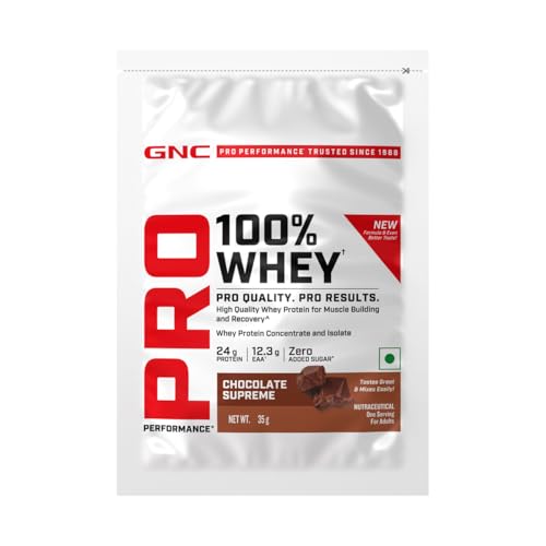 Image of GNC Pro Performance 100% Whey Protein | New Formulation | 24g Protein, 5.7g BCAAs, 12.3g EAAs | Added DigeZyme | Whey Isolate & Concentrate Blend, Low Carb (4.51g), No Added Sugar | Chocolate Supreme, 35g