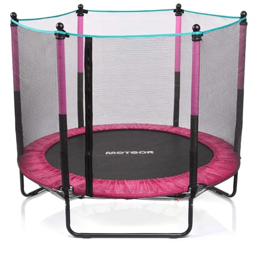 meteor kindertrampolin 140 cm mit sicherheitsnetz Trampolin für Kinder ab 3 Jahre Indoor Outdoor gartentrampolin stabil kompakt rutschfest rosa bis 50 kg