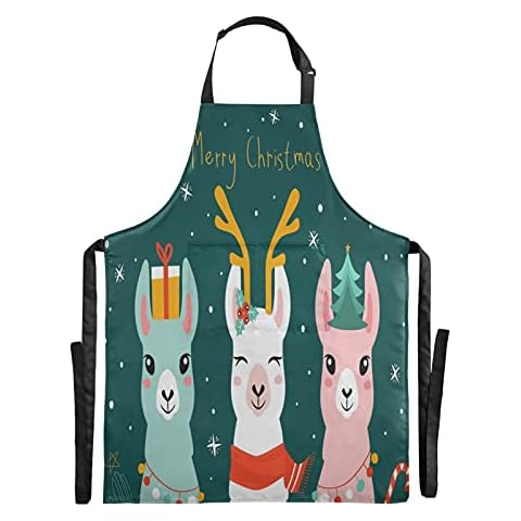 Apron Christmas Alpaca Animal Snow Flower Adjustable Bib Kitchen Aprons with 2 Pockets, Home Cooking Baking Grilling Chef Flower Shop for Women Men, Multicolor, 88*68cm, Pinafore Cover