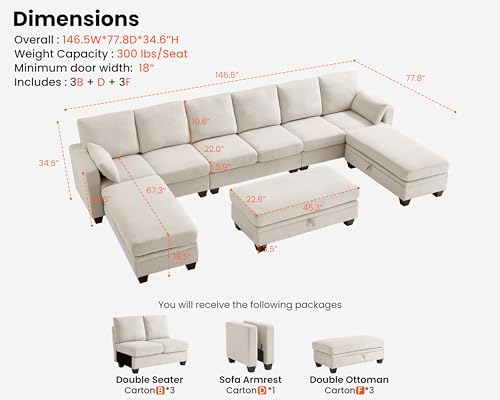 Image of CHIC HOUSE Modular Sectional Couch| Corduroy L Shaped Sleeper Sofa, U-Shape Sofa Bed Convertible Chaise with Storage Ottoman for Living Room Modern Furniture (Beige, 12 Seater Sleeper)
