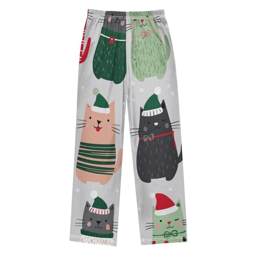Christmas Cat Snow Boys Long Pants Soft Trousers Elastic Waist Kids Lounge Bottoms with Pockets S-XL2