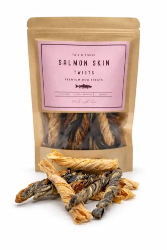 TAIL & TONIC Salmon Skin Dog Treats - Single Ingredient Dog Treats Air-Dried Chewy Fish Skins for Dogs High Protein Omega-3 Rich Dental Chews Twist