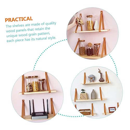 Stobaza 2 Sets Leather Home Style Shelf Wooden Rustic Band Rack For Wall Shelves Nordic With Storage Self Display And Mounted Bathroom Organizer Bedroom Hanging Decorative Wood Floating #TOP4