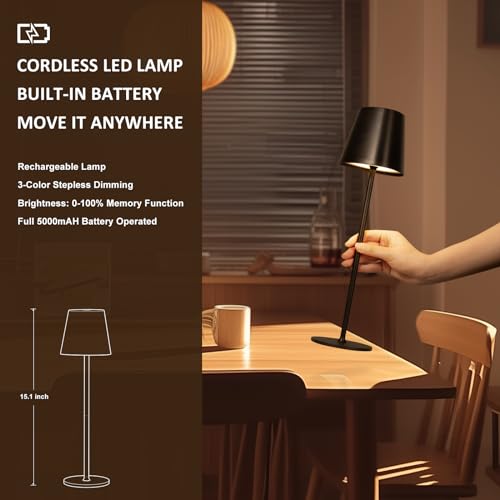 Image of Kakanuo Cordless Table Lamps, Rechargeable Lamps, Battery Operated Lamp, LED Portable Wireless Lamp, Touch Control, 3 Color Temperature, Stepless Dimmable - Black