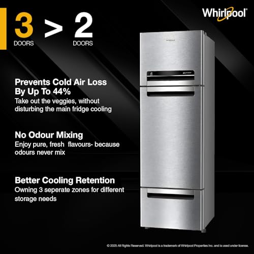 Image of Whirlpool 215 L Frost Free Triple-Door Refrigerator | Zeolite Technology | Microblock Technology [FP 223D PROTTON ROY RADIANT STEEL(Z), Up to 44% Reduction in Cold Air Loss*]