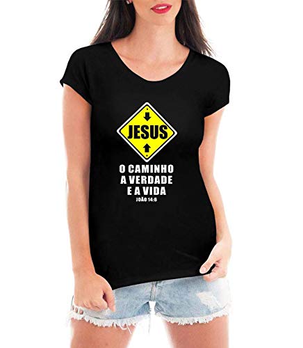 Camiseta Criativa Urbana Placa Jesus é o Caminho Gospel Evangélica Blusa Feminina Preta