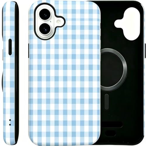 Image of for iPhone 16 Case Cute Phone Case,Compatible with MagSafe,Dual Layer Shockproof Protective Phone Cover,Hard Shell + Silicone Cover,Fashion Design for Women Girls,Blue and White Plaid
