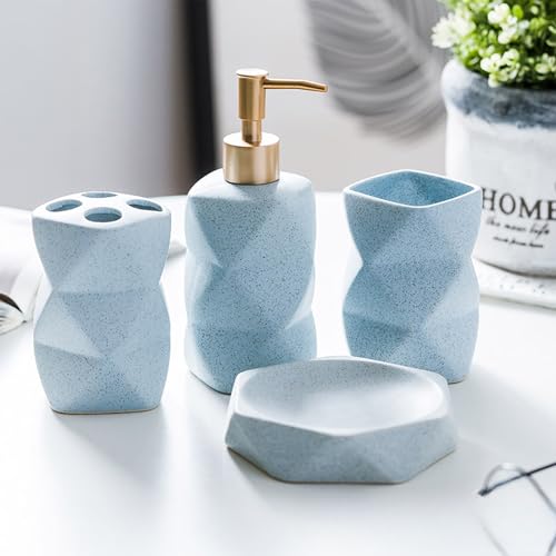 Bathroom Accessories Set,Blue Bathroom Accessory Sets,Soap Disoenser,Toothbrush Holders,Tumbler,Soap Dish,Modern Elegant Countertop Vanity Bathroom Organizers,Ceramic Bath Décor Set (Blue)
