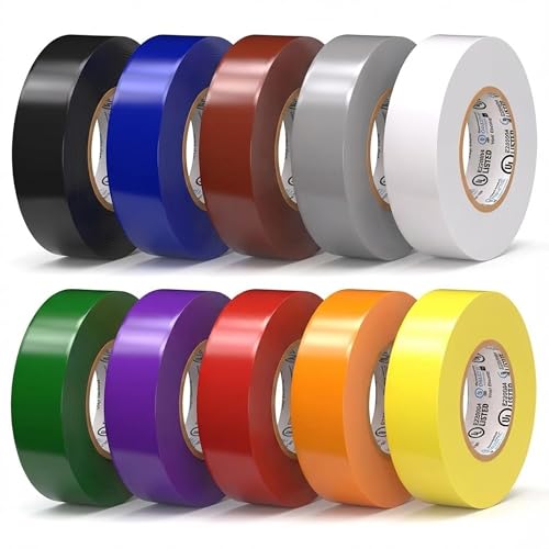OHLECTRIC High-Grade Colored Electrical Tape (10-Pack) ¾x60ft 7mil Thick Multicolor High-Temp Flame-Retardant Electrical Tape Heat Resistant & Weatherproof Heavy-Duty Rolls 10-Roll Pack UL/CSA Listed