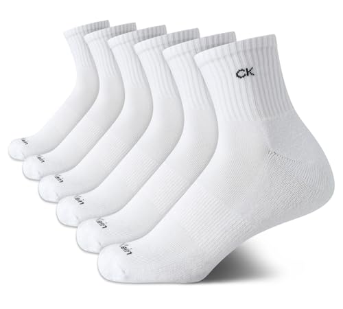 Calvin Klein Womens High Quarter Socks - 6 Pack Performance Cushioned Crew Cuffed Athletic Socks for Women with Arch Support Size One Size White