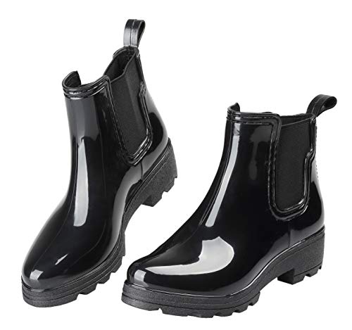 EYUSHIJIA Women's Short Rain Boots Waterproof Slip On Ankle Chelsea Booties (6 B(M), Black-A) by EYUSHIJIA - Used condition - US$19.56
