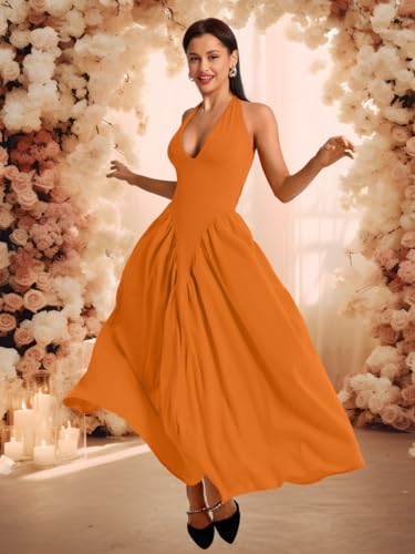 Image of ChiaoLezhee Deep V Neck Dress, Halter Maxi Dresses, Vacation Date Night, Sexy for Women Corset Flowy Wedding Guest Drop Waist