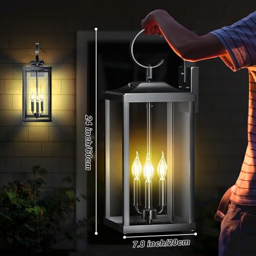 Image of 24 inch Extra Large Dusk to Dawn Exterior Lighting Fixtures, Front Porch Lights | Waterproof Outdoor Wall Lights Exterior Lighting Fixtures, Rust Proof Outside Wall Lanterns 3-Light for Garage, Black, 2-Pack