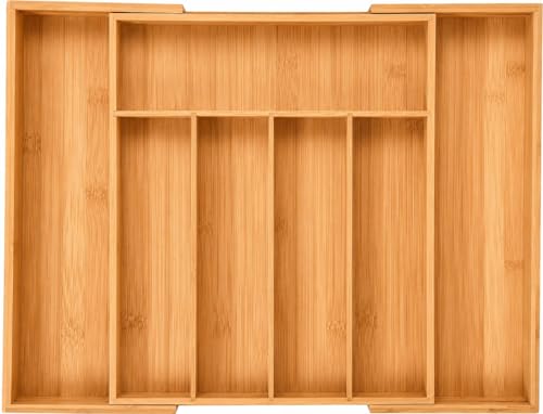MASS DYNAMIC Cutlery Drawer Organizer Expandable Bamboo Utensil Tray Adjustable Silverware and Flatware Holder Compact Storage for Spoons Forks Knives - Ideal for Kitchen and Office Supplies