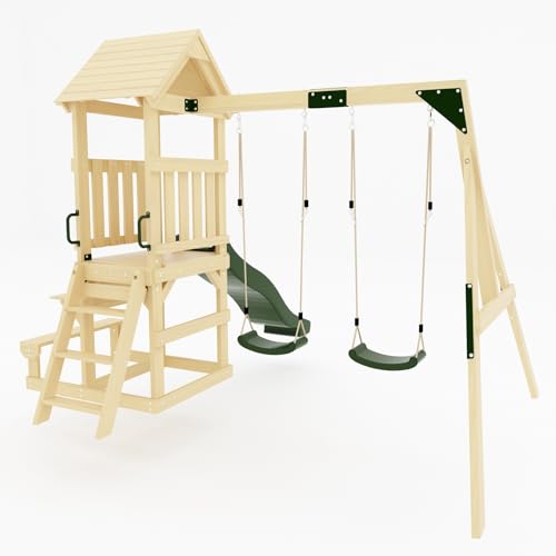 GALACTICA Outdoor Wooden Swing and Slide Set for Kids Garden Swing with 2 Adjustable Seats and Built-in Desk & Bench Sturdy Weather-Resistant Frame Backyard Playground for Toddlers and Children