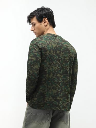 Image of Urbano Fashion Men's Olive Green, Khaki Military Camouflage Printed Slim Fit Full Sleeve Cotton T-Shirt