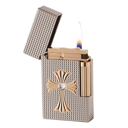 Luxury Embossed Metal Vintage Butane Lighter, Old-Fashioned Side-Slide Grinding Wheel Lighter, Soft Flame Flip-Top Design, Gift for Men (Silver)(Silver)