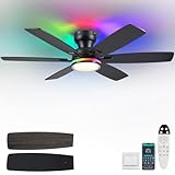 Kviflon 52" Ceiling Fans with RGB Lights, Low Profile Ceiling Fan with Light and Remote/APP Control, Flush Mount Ceiling Fan with 6 Reversible Fan Blades, RGB+3CCT, Dimmable for Kidsroom, Black