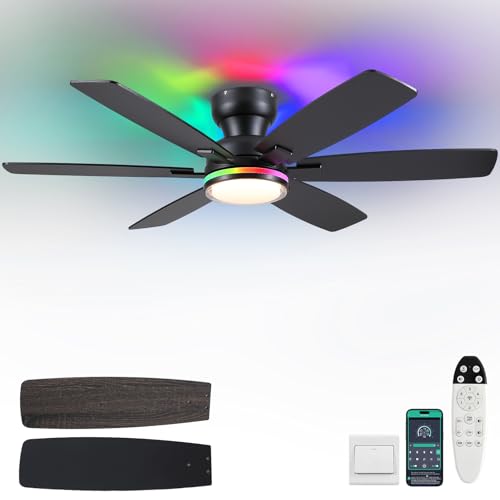 Kviflon 132 cm Deckenventilator mit RGB-Licht Fernbedienung/APP-Steuerung Deckenmontage 6 umkehrbare Doppel-Seiten-Klingen RGB+3CCT Dimmbar Doppel-Außenschirm für Schlafzimmer Schwarz