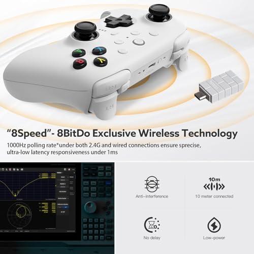 8Bitdo Ultimate 2 Kabelloser 2.4G Controller für PC&Android, TMR Joystick Update, Lange und Kurze Triggersperren, RGB-Feuerring, Kabellose 8Speed Technologie Gaming-Controller mit Ladestation, Weiß – Bild 4
