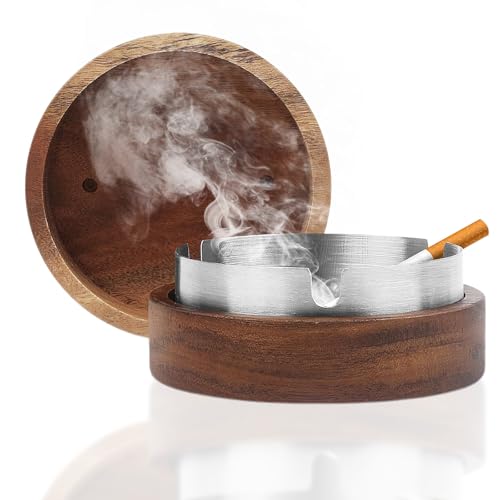 Outdoor Ashtray, Stainless Steel Inner Layer Ashtray With Wooden Lid Smell Proof for Garden Bar Restaurant Office (Brown, 1PC)