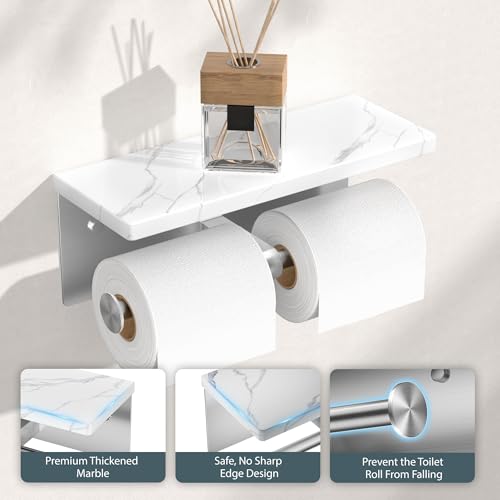 FORIOUS Toilet Paper Holder with Shelf, Marble Wall Mount Tissue Roll Holder for Bathroom, Washroom, 304 Stainless Steel Double Commercial Toilet Tissue Dispensers with Phone Shelf, Brushed Nickel by FORIOUS - Used condition - Image 3