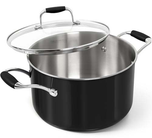 MICHELANGELO Stainless Steel Cooking Pot - 6 Quart Soup Pot with Lid, Non-Toxic Stockpot Induction Compatible, Oven & Dishwasher Safe, Black Exterior