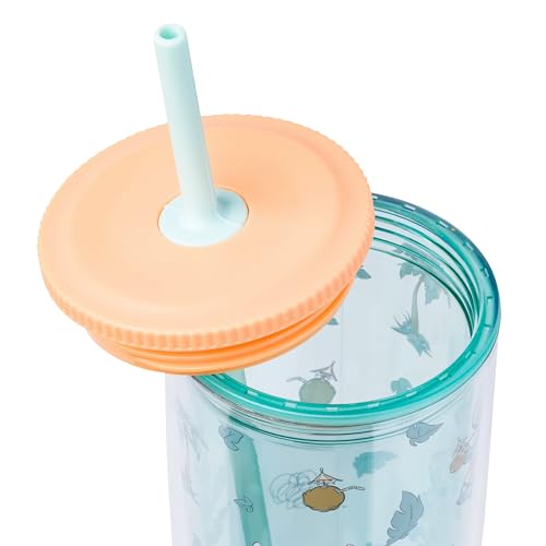Image of Silver Buffalo Disney Lilo and Stitch Featuring Stitch in Hawaiian Shirt, Lei, and Coconut Drink and Tropical Vibes Pattern Spill Resistant Plastic Tumbler and Straw, 20 Ounces