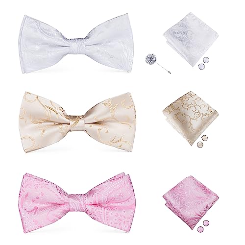 Hi-Tie 3PC Mens Pre/Self Tied Bowties and Lapel Pin Set Silk Bow Tie and Pocket Square Cufflinks Set for Wedding Formal, A-004, M