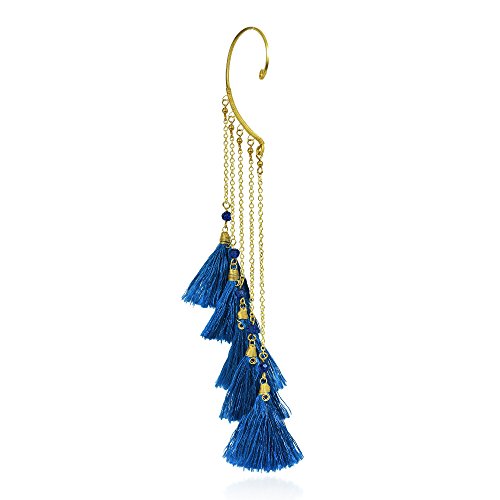 Aeravida Trendy Multi Blue Tassel Brass Chain Statement One Ear Cuff Earring | Unique Bohemian Earrings For Women Statement Earrings | Coachella Inspired Accessory #TOP1