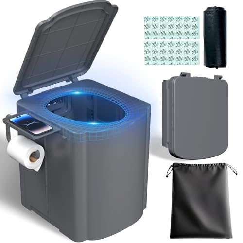 BALLA BALEIN Portable Camping Toilet Kit for Adults, Upgrade Travel Potty Seat with Lid Removable Paper Holder and Absorbent Gel, for Camping, Hiking, Truck, RV Toilet, Grey
