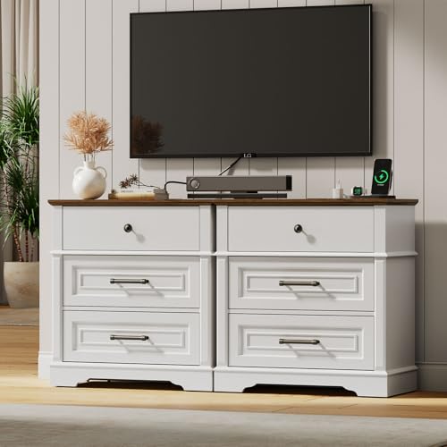 RALGEND Farmhouse 3 Drawers Dresser, Tall Nightstand with Charging Station, 27.6 Inch Wide End Table with 3 Drawers, Large Bedside Table/Side Table for Bedroom, White and Walnut - Thumbnail 7