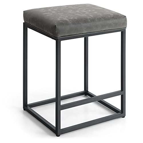 ALPHA HOME Tabouret de bar de 61 cm de hauteur avec repose-pieds en cuir synthétique dos nu pour cuisine, salle à manger, café, gris, 1 pièce