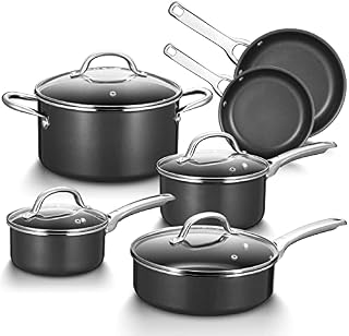 Induction Hob Pan Set, Fadware Pots and Pans Set Nonstick 10 Piece, PFOA-Free Non Stick Cookware Set with Glass Lids, Includes Frying Pans, Saute Pan, Saucepans & Stock Pot, Black