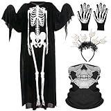 JynxtoyZeal Conjunto de Disfraces de Halloween Máscara de Esqueleto Realista Trajes Cómodos para Halloween Guantes de Cosplay Diadema de Terror Ideal para Fiestas de Terror, Cosplay y Bromas