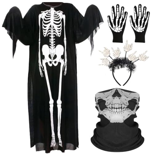 JynxtoyZeal Conjunto de Disfraces de Halloween Máscara de Esqueleto Realista Trajes Cómodos para Halloween Guantes de Cosplay Diadema de Terror Ideal para Fiestas de Terror, Cosplay y Bromas