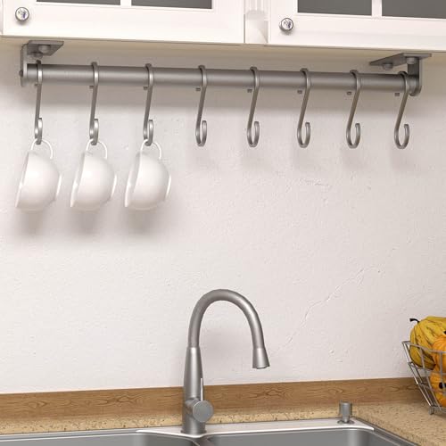 Dseap Kitchen Utensil Holder Hanger, Pot and Pan Rack Wall Mounted, Kitchen Rail with 8 Hooks for Hanging Cooking Utensils, Mugs, Spoons, Wall Mounted, Silver - Thumbnail 6
