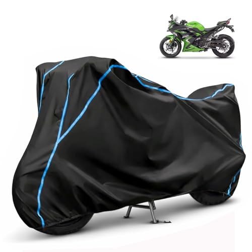 Image of Compatible with Kawasaki Ninja 300 Waterproof Two Wheeler Bike Body Cover Water Resistant, Heavy Duty, UV Rays, Dust & Scratch Protection for All-Modal & Variants (Black,Sky Blue Piping)
