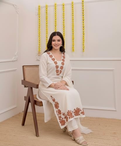 Image of ANNI Designer Pure Cotton Embroidered Kurta Set for Women | Rust Orange Kurta with Pants & Dupatta | Floral Neck & Hem Embroidery | Cotton Kurta Set for Women | 10 Colour Options Available