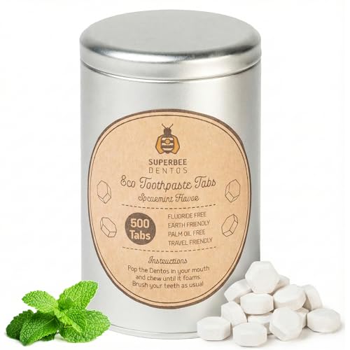SuperBee Dentos - Pastiglie dentifricio, 500 compresse, ecologico, morsi per collutorio, linguetta masticabile, menta