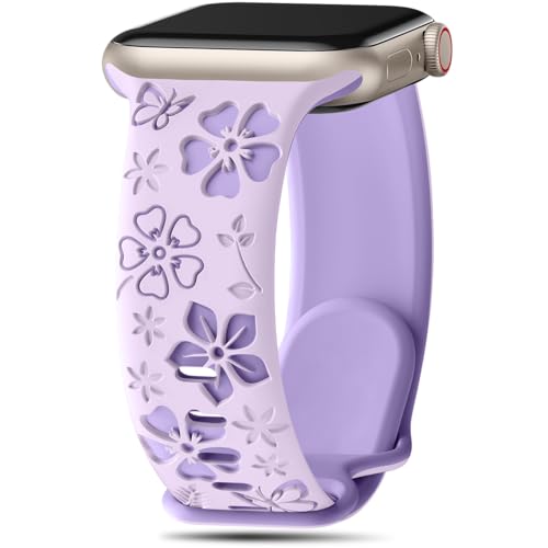Floral Engraved Band Compatible with Apple Watch Band Women 40mm 38mm 41mm Soft Silicone Two-Tone Flower Sport Strap for iWatch Series 10 9 8 7 6 5 4 3 2 1 SE Ultra-LV/PL