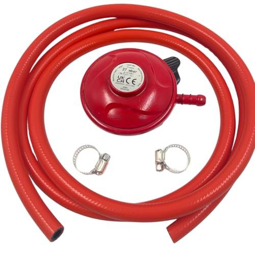Patio Gas & BBQ Regulator Kit 27mm Clip On with 2m Hose and Clips Low Pressure BBQ Gas Regulator for Propane Cylinders Quick Release LPG Regulator for Barbecues