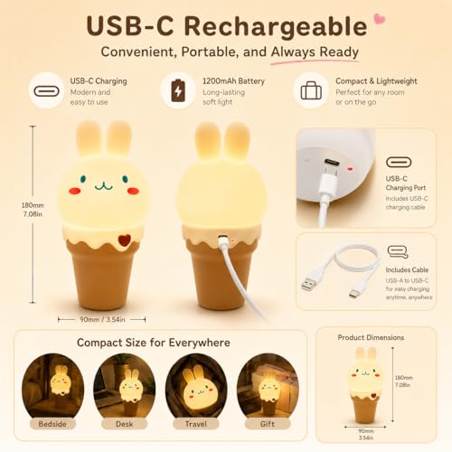 Image of LOHAS Bunny Ice Cream Cute Night Lights, 7 Colors Kawaii Desk Decor, Pat Control and Rechargeable Base, Funny Gift, Bedroom and Nursery Decor