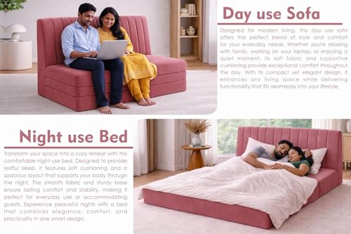 Image of Rosebell 5x6-Three Seater Upholstered Armless Sofa Cum Bed with Backrest | Soft Velvet Fabric Finish | Modern Living Room & Bedroom -Rose Pink Color