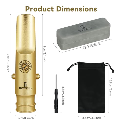 Image of ROWELL Tenor Saxophone Metal Mouthpiece Jazz Sax Mouthpiece- 5-Level Adjustable Ligature & Protective Cap Full Tone for Jazz & Concert Band