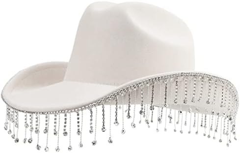 Melesh Adult Women Men Cowgirl Felt Wide Brim Costume Western Cowboy Hat (Diamond-Ivory)