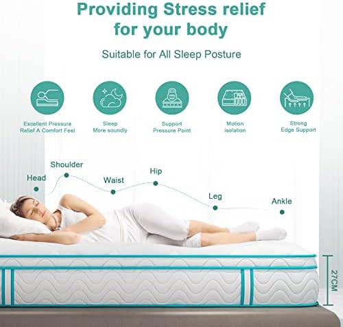 Gegcucey Double Mattress, 4FT6 Medium Firm Hybrid Mattress, 27cm Hybrid Double Mattress with Breathable Foam, Zoned Pocket Spring and Soft Knitted Fabric for Cool Comfort Sleep - 135x190x27cm