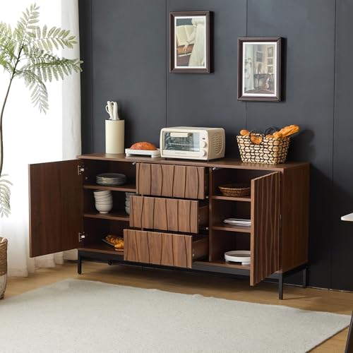 Merax Sideboard Cabinet 150cm,Kitchen Storage Cabinet,Hallway Sideboard,Dark Oak Effect Sideboard with 3 Drawers & Adjustable Shelves,150 * 40 * 80cm - Image 5
